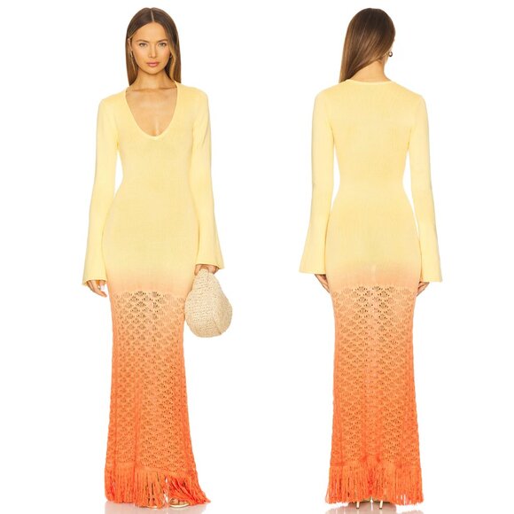 The Wolf Gang Zinna Sleeved Maxi Dress in Coral Sunset Yellow Orange Long Sleeve - Picture 1 of 2